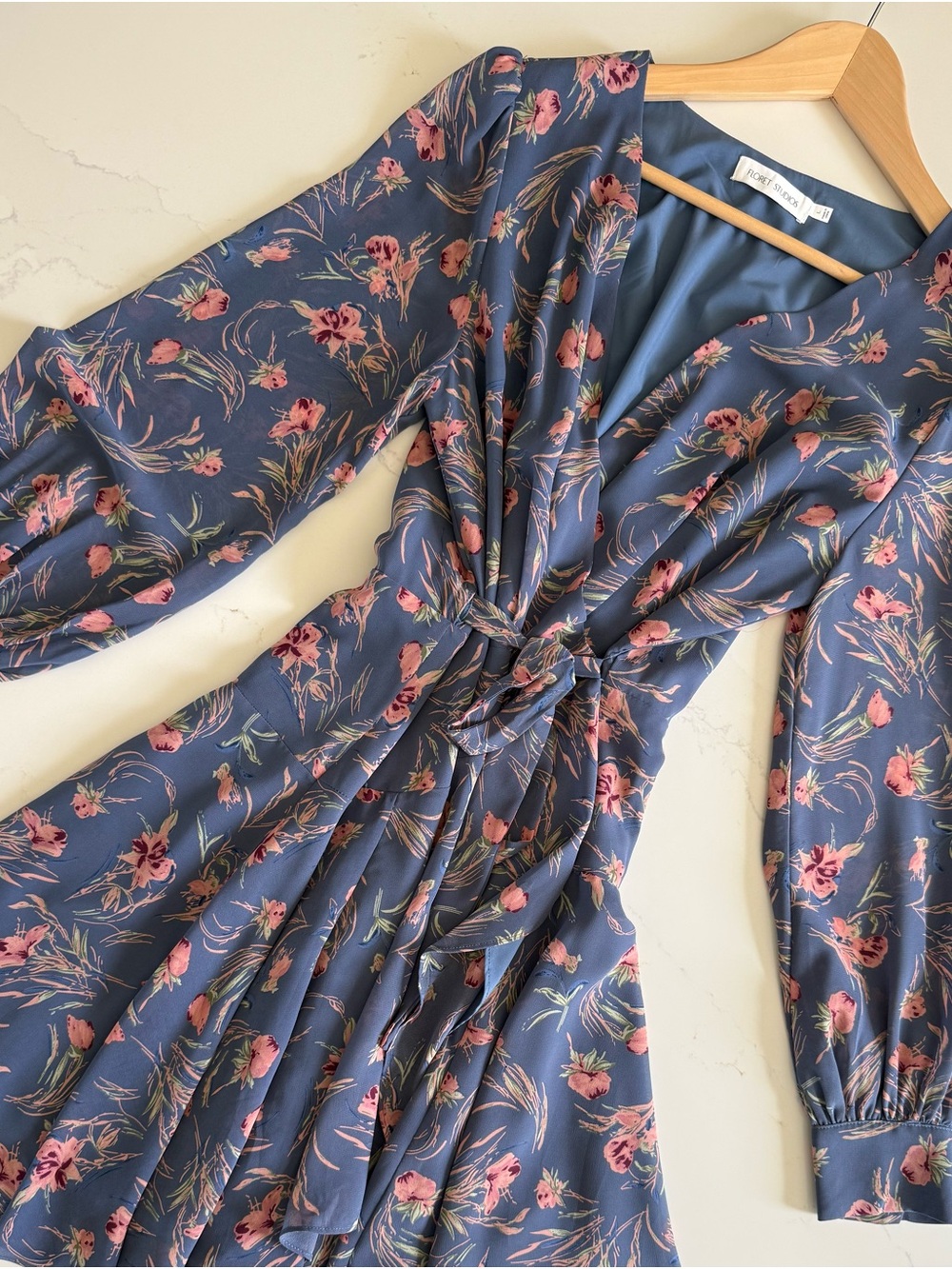 Floret Studio Tie-Waist Midi Dress in Blue and Pink